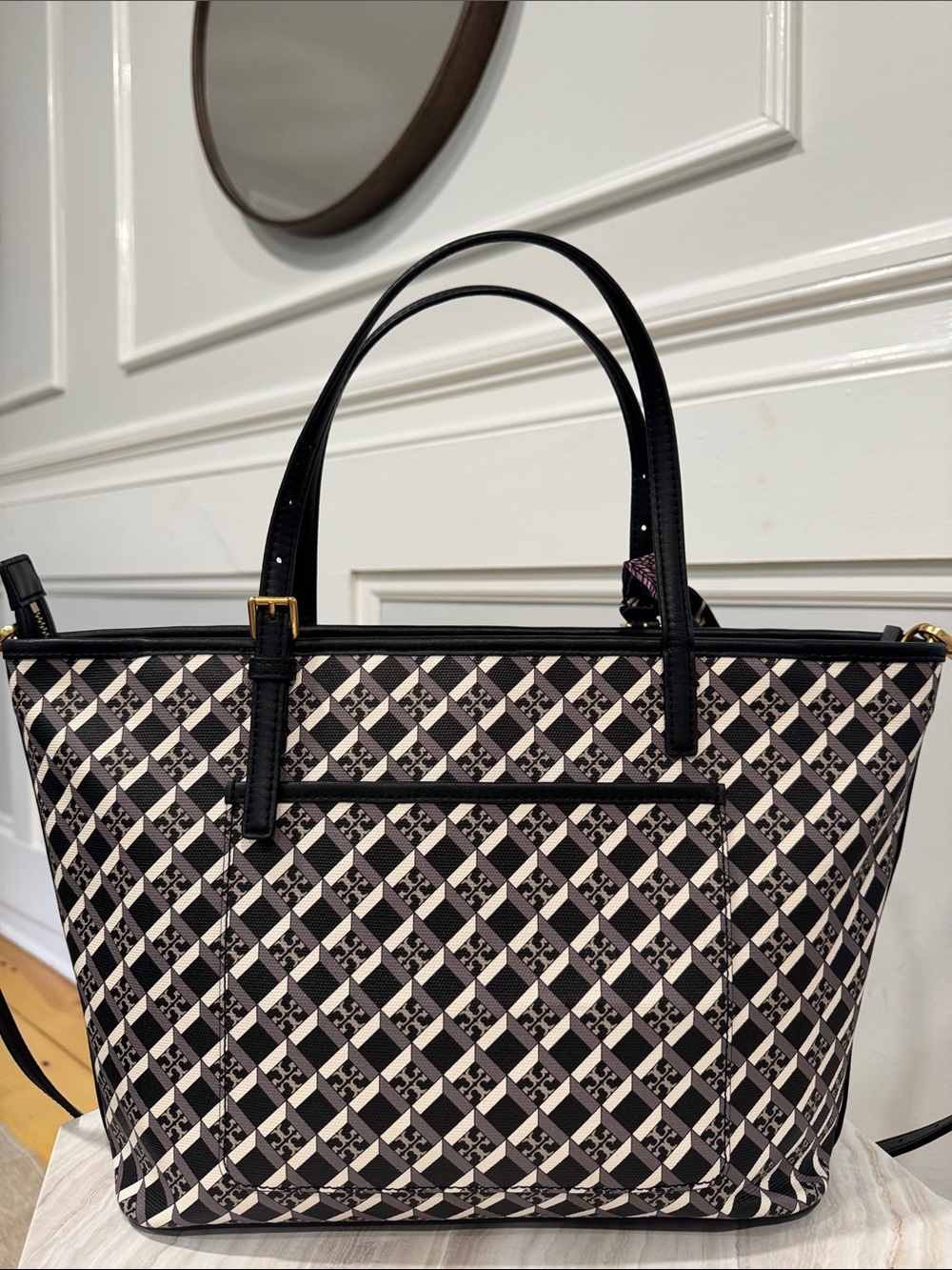 Tory Burch Bag Geo Logo Black & White Print Leather Tote Bag Satchel Crossbody - Picture 8 of 17